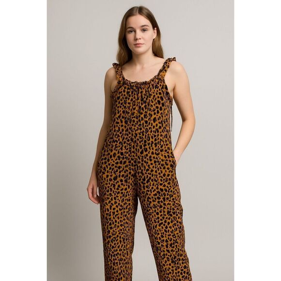 Enfocus Studio Size 12 Women's Leopard Print Jumpsuit Black Gold Boho Chic - Picture 1 of 5